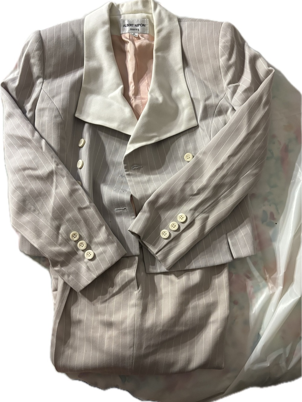 Albert Nipon Light Cream Pinstripe Double-Breasted Suit